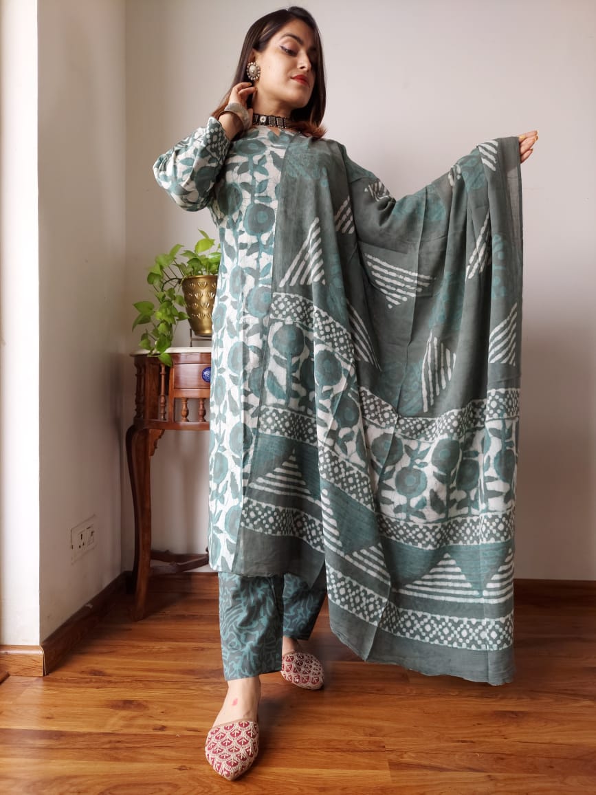 Pure Cotton Kurti Pant With Dupatta