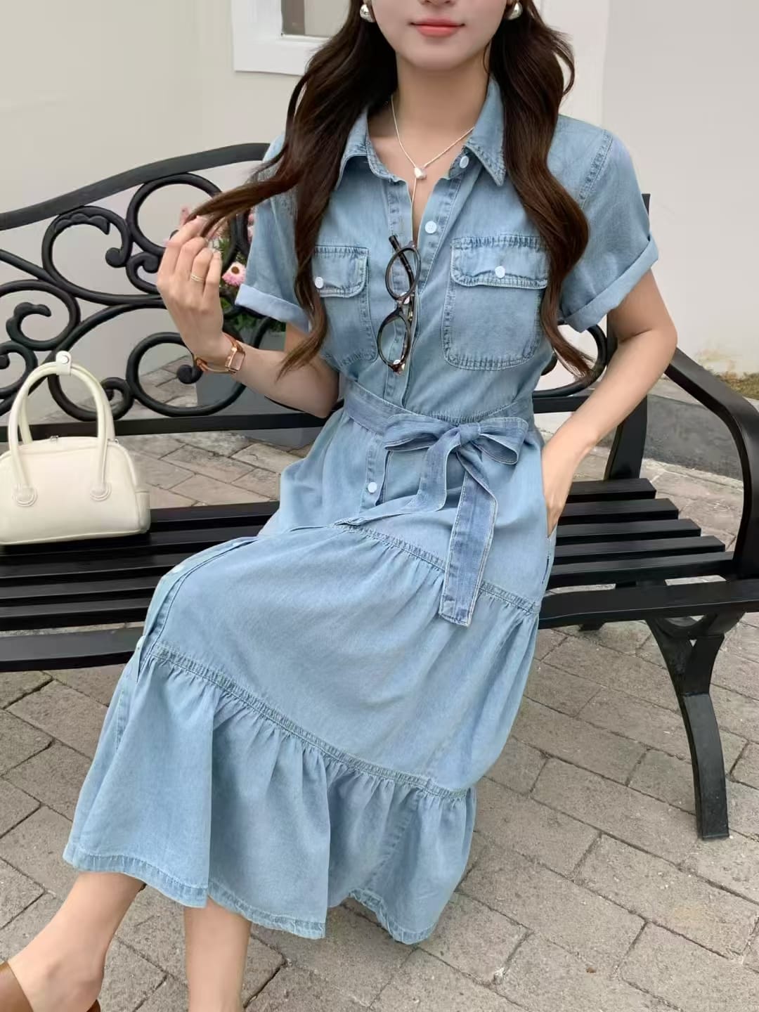Denim Luxury Dress With Belt