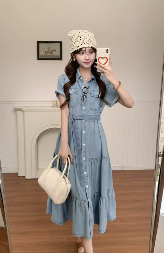 Denim Luxury Dress With Belt