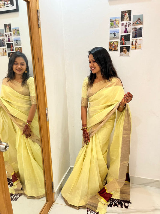 5 inch color kasavu golden tissue ready to wear saree with tussles