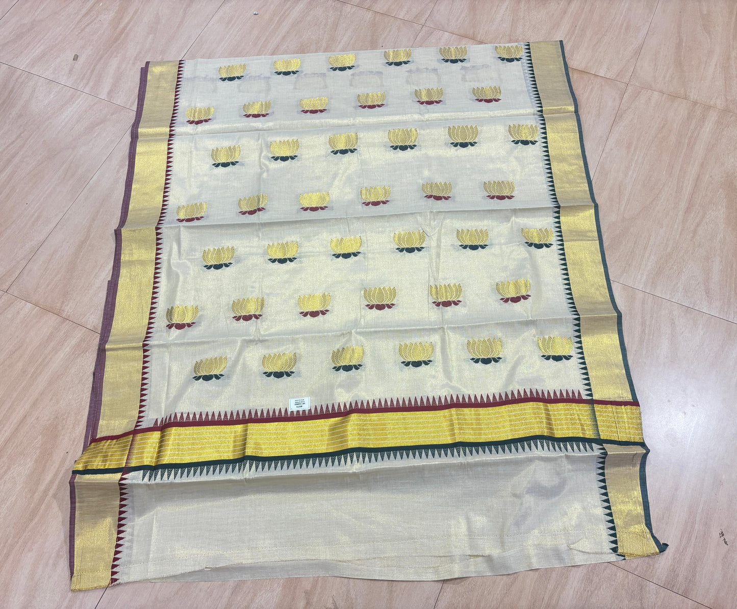 Lotus weave golden tissue saree with temple borders