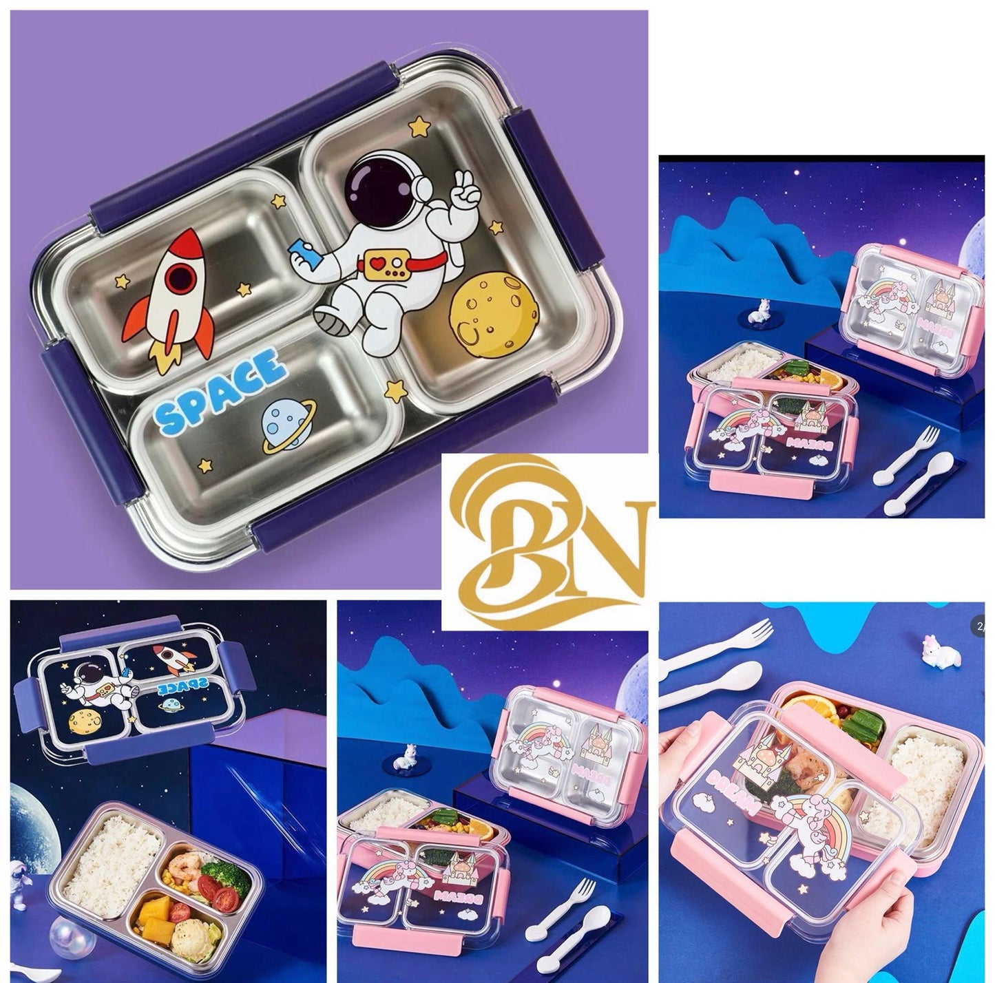 Astronaut & Unicorn Lunch Box, 304 stainless steel material with wear resistant