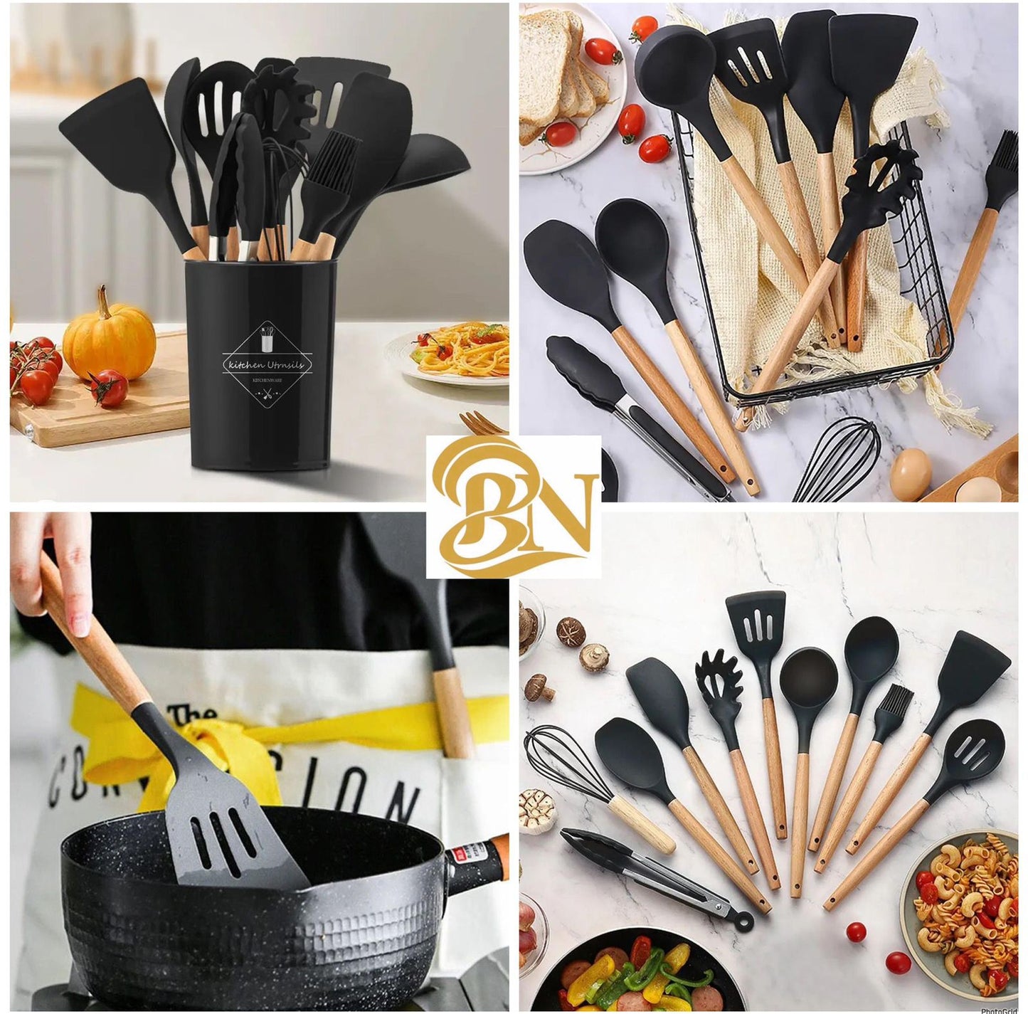 12 Pieces Silicone Kitchenware Set Wooden Handle Kitchenware Set