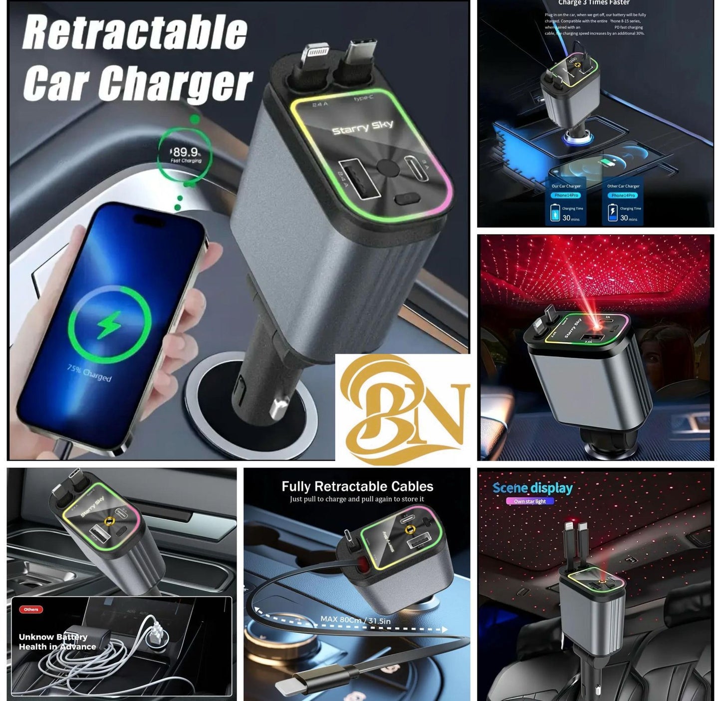 66W Car Charger with Starry Sky Atmosphere Light