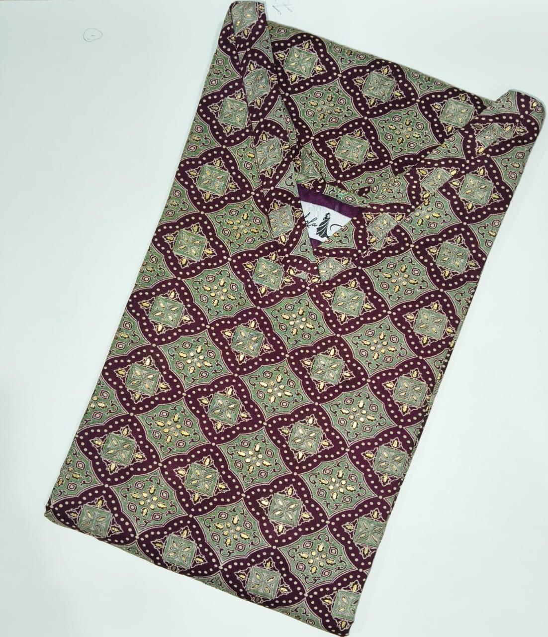 Elegant Maroon & Green Geometric Print Cotton Kurti