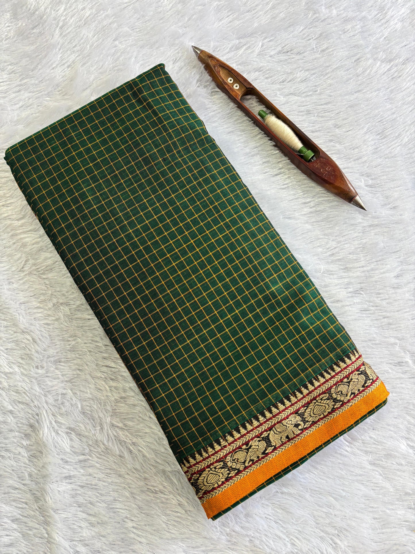 Chettinad 1000 checks elephant peacock mango border pure cotton saree