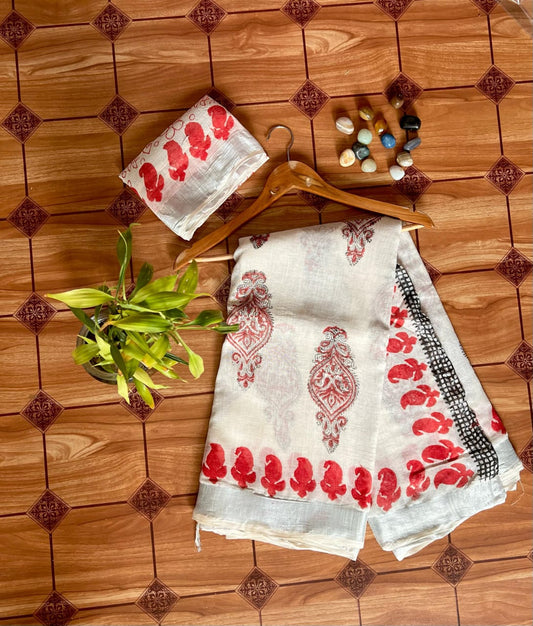 Janaki.universe - Linen slub Cotton Saree with Hand block print design