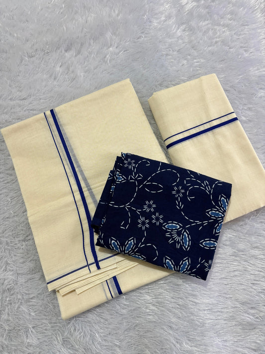 Original puliyilakara set mundu with cotton printed blouse