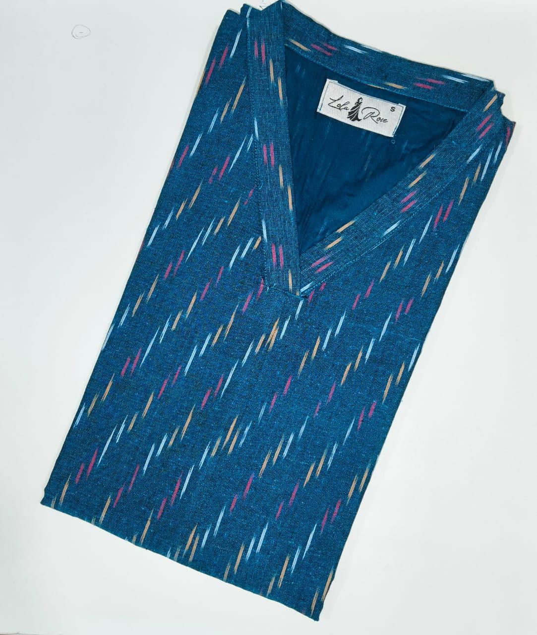 Elegant Blue Kurti with Multicolor Diagonal Stripes – Stylish & Comfortable