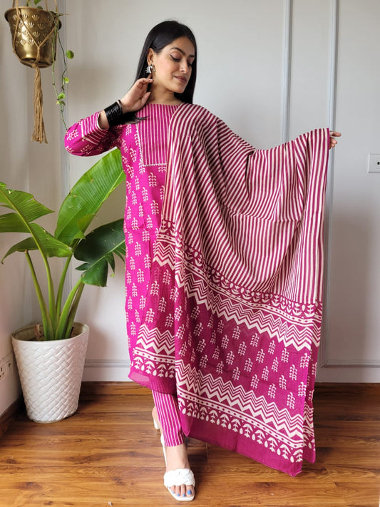 Pure Cotton Kurti Pant With Dupatta