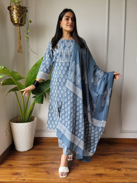 Pure Cotton Kurti Pant With Dupatta