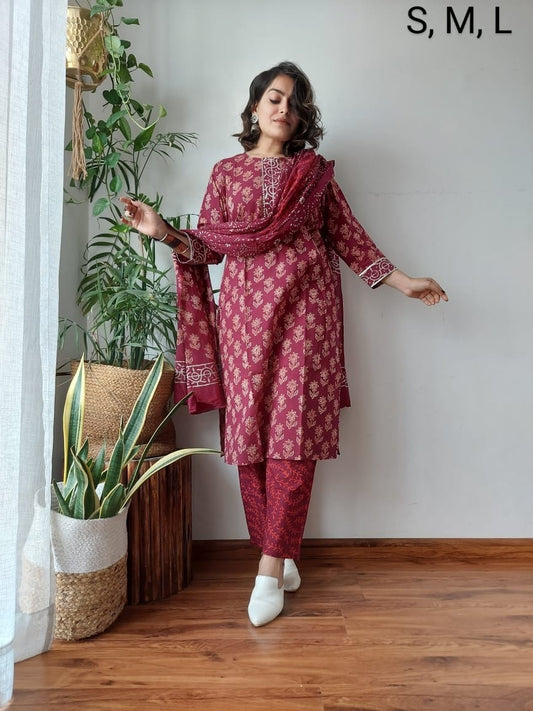 Pure Cotton Kurti Pant With Dupatta