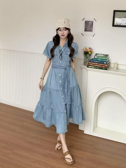 Denim Luxury Dress With Belt