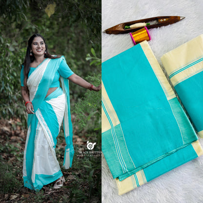 Big kattikara set mundu turquoise colour 2.80 cotton