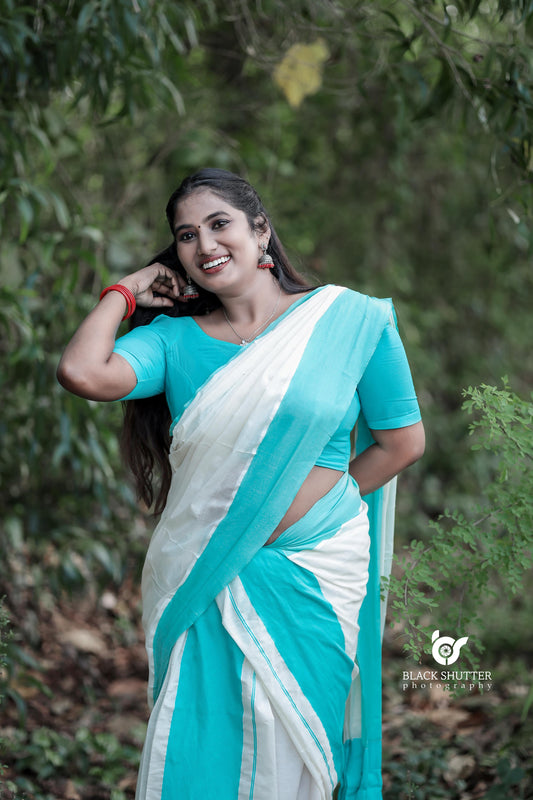 Big kattikara set mundu turquoise colour 2.80 cotton