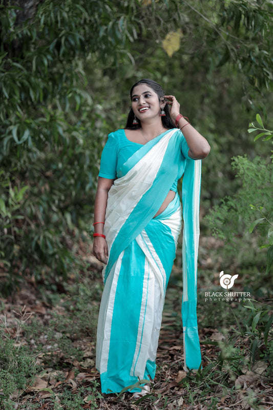 Big kattikara set mundu turquoise colour 2.80 cotton