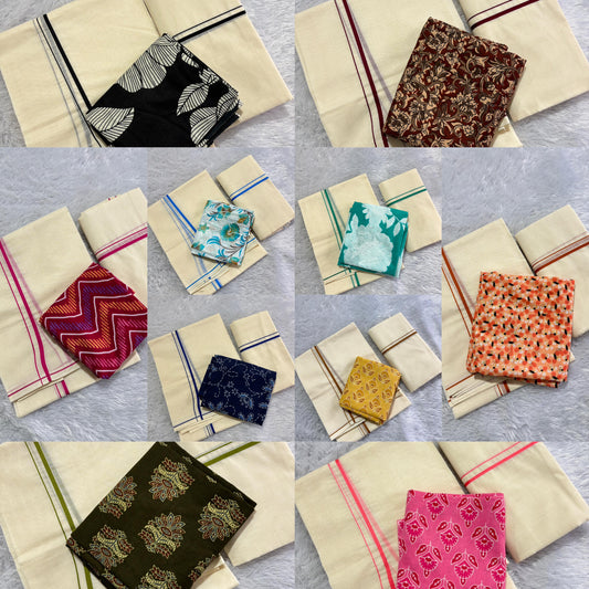 Original puliyilakara set mundu with cotton printed blouse