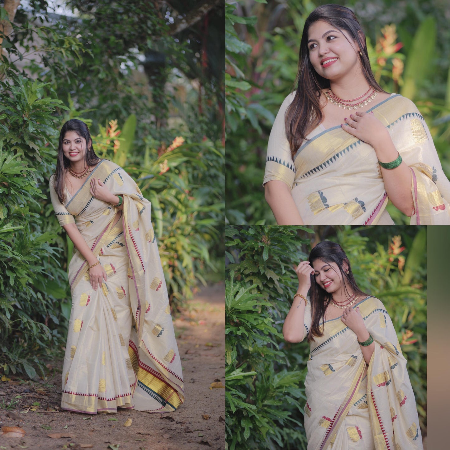 Lotus weave golden tissue saree with temple borders