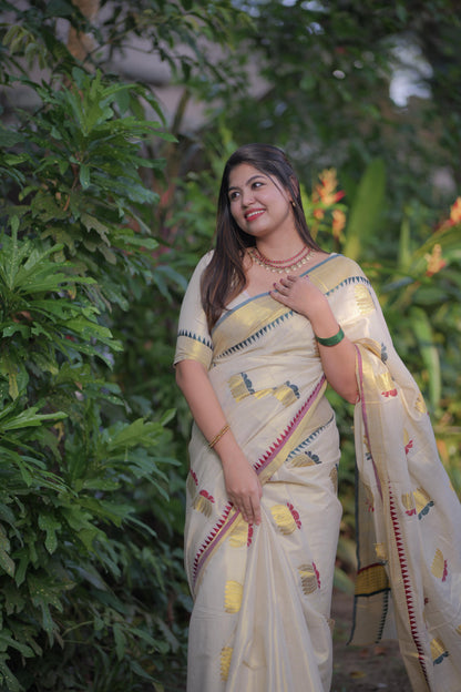 Lotus weave golden tissue saree with temple borders