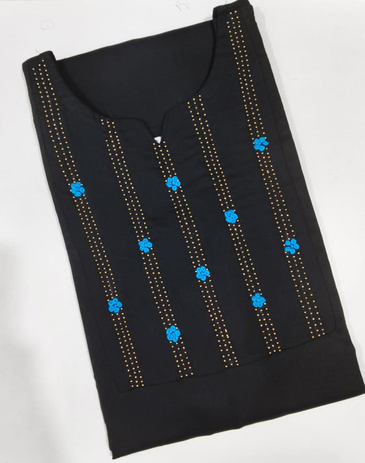 Black Ethnic Kurti with Blue Flower Motifs and Golden Thread Work