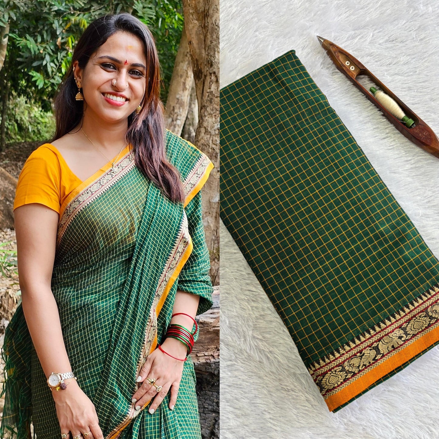 Chettinad 1000 checks elephant peacock mango border pure cotton saree