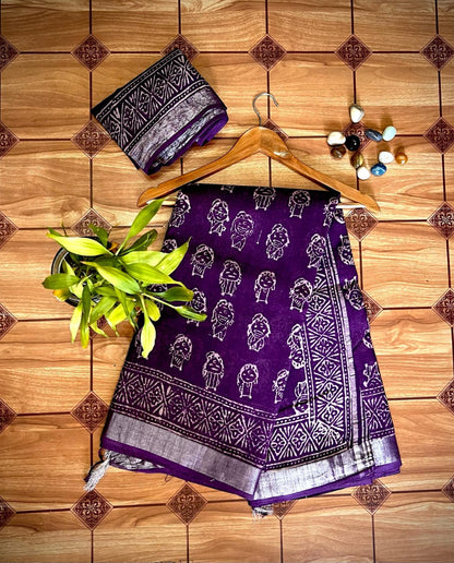 Janaki.universe - Linen slub Cotton Saree with Hand block print design