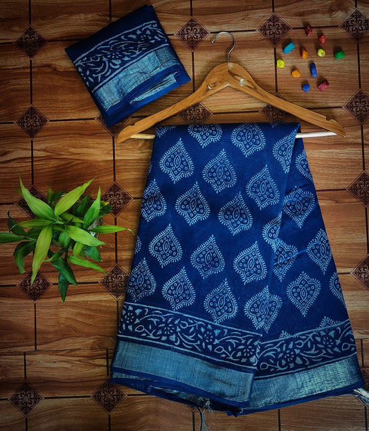 Janaki.universe - Linen slub Cotton Saree with Hand block print design