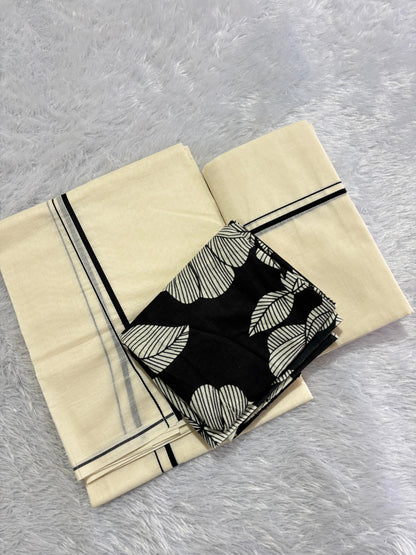 Original puliyilakara set mundu with cotton printed blouse