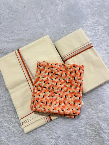 Original puliyilakara set mundu with cotton printed blouse