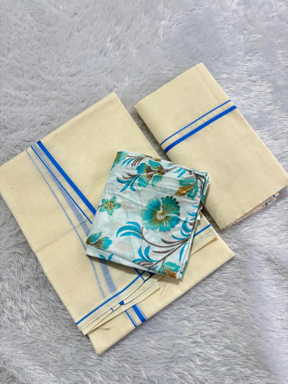 Original puliyilakara set mundu with cotton printed blouse