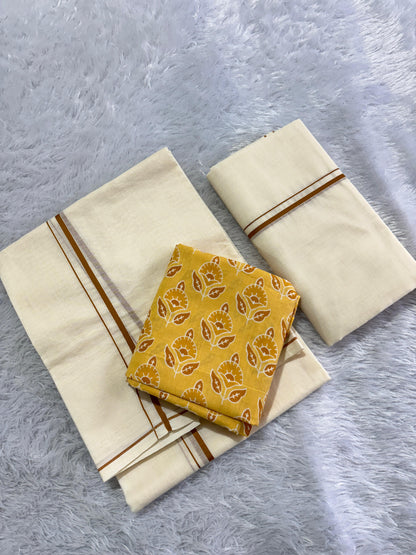 Original puliyilakara set mundu with cotton printed blouse