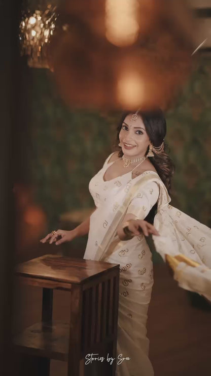 Malayalam Akshara Mala embroidered cotton saree